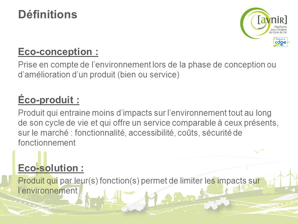 Définitions Eco-conception : Éco-produit : Eco-solution :