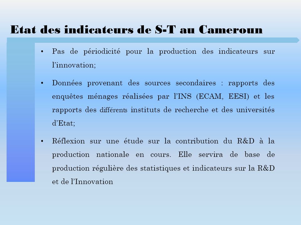 Etat des indicateurs de S-T au Cameroun