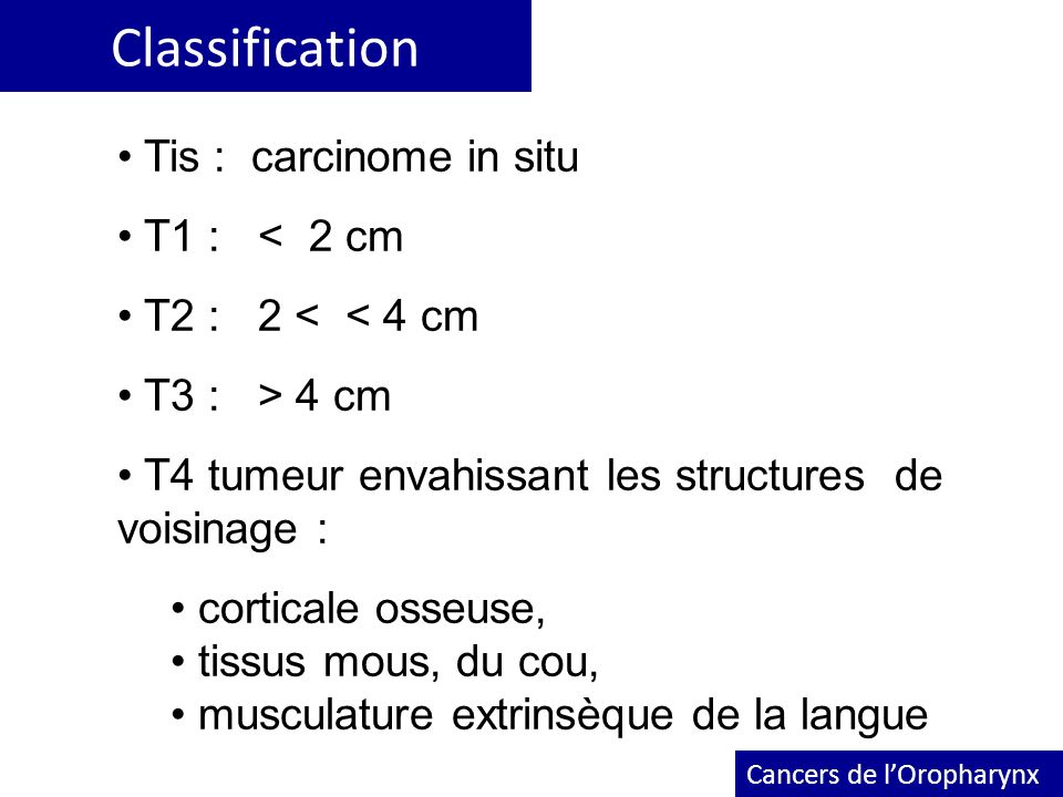 Classification Tis : carcinome in situ T1 : < 2 cm