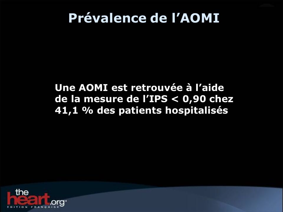 Prévalence de l’AOMI Une AOMI est retrouvée à l’aide de la mesure de l’IPS < 0,90 chez 41,1 % des patients hospitalisés.