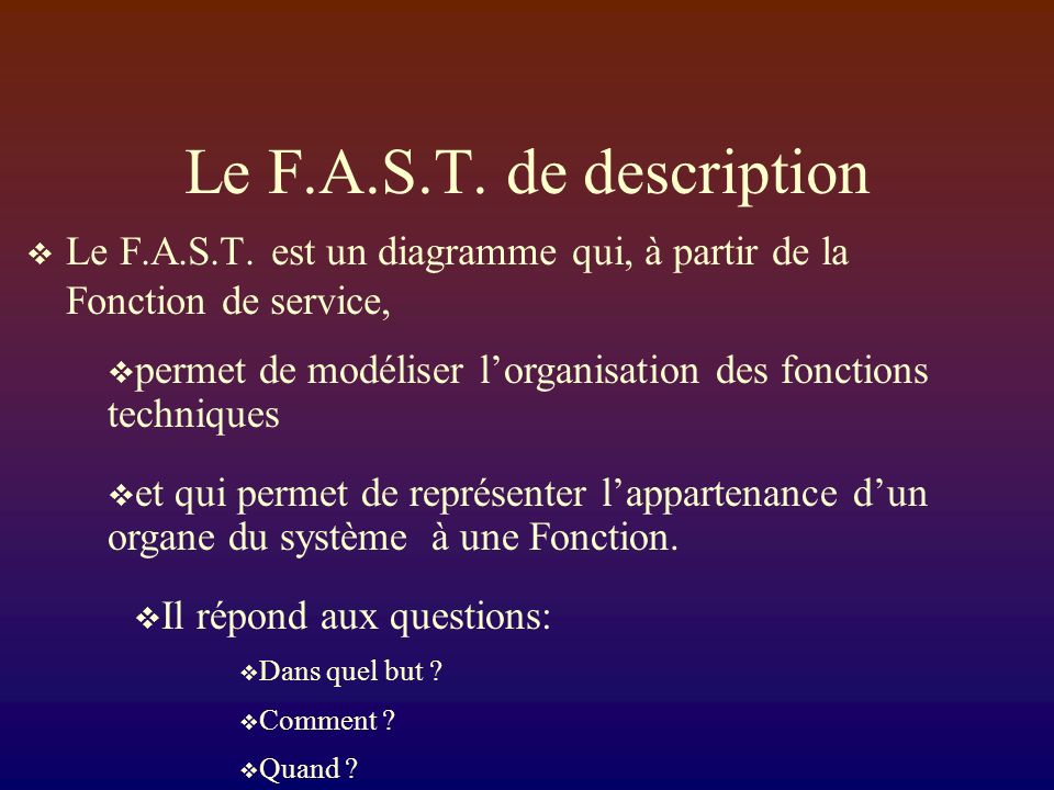 Le F.A.S.T. de description Le F.A.S.T. est un diagramme qui, à partir de la Fonction de service,