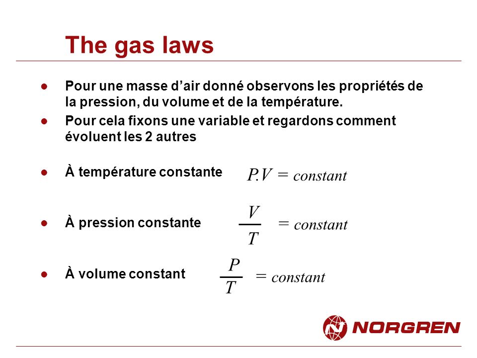 The gas laws P.V = constant V = constant T P = constant T