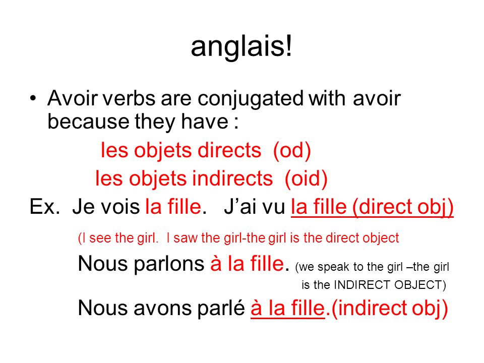 anglais! Avoir verbs are conjugated with avoir because they have :