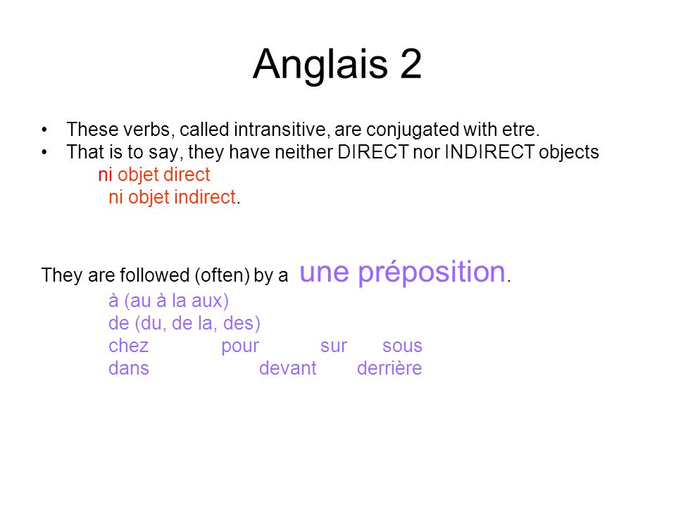 Anglais 2 These verbs, called intransitive, are conjugated with etre.