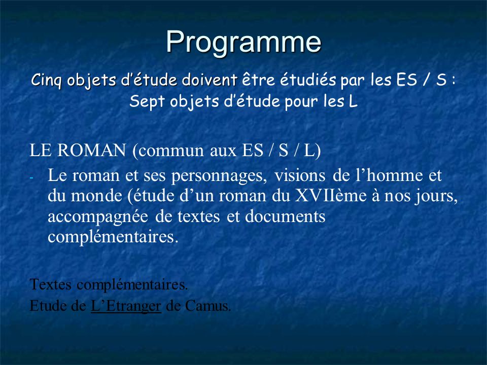 Programme LE ROMAN (commun aux ES / S / L)