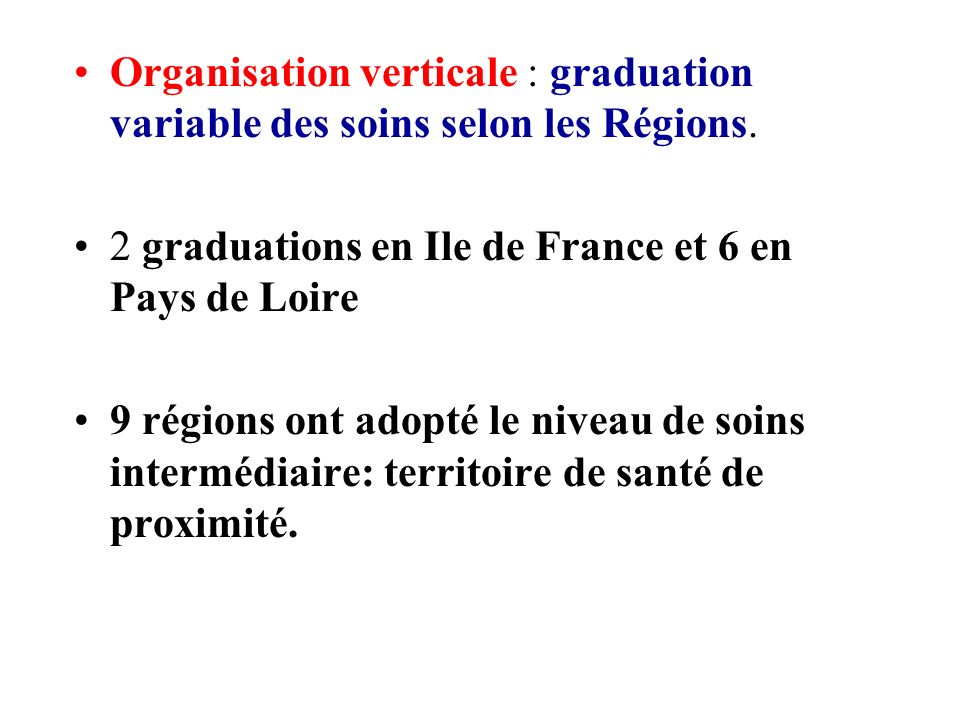 Organisation verticale : graduation variable des soins selon les Régions.