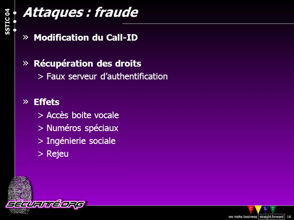 Attaques : fraude Modification du Call-ID Récupération des droits
