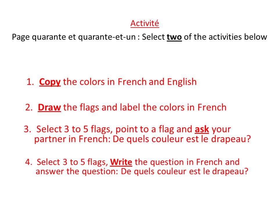 Activité 1. Copy the colors in French and English