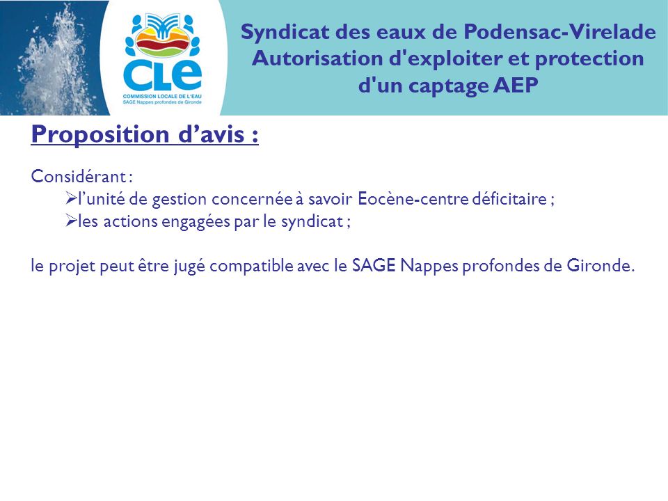 Proposition d’avis : Syndicat des eaux de Podensac-Virelade