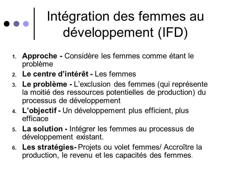 Intégration des femmes au développement (IFD)