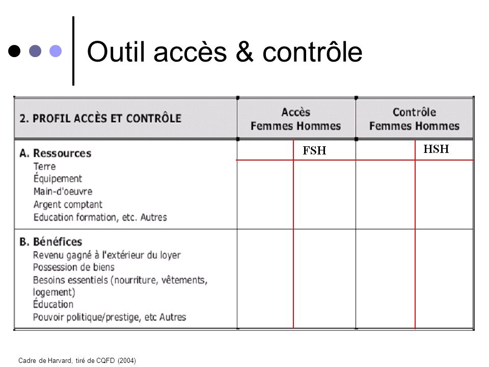 Outil accès & contrôle Cadre de Harvard, tiré de CQFD (2004)