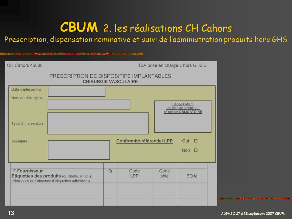 CBUM 2. les réalisations CH Cahors Prescription, dispensation nominative et suivi de l’administration produits hors GHS