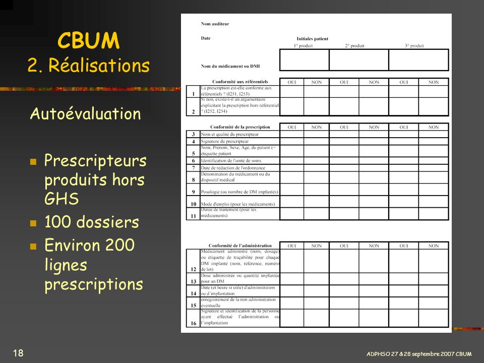 CBUM 2. Réalisations Autoévaluation Prescripteurs produits hors GHS