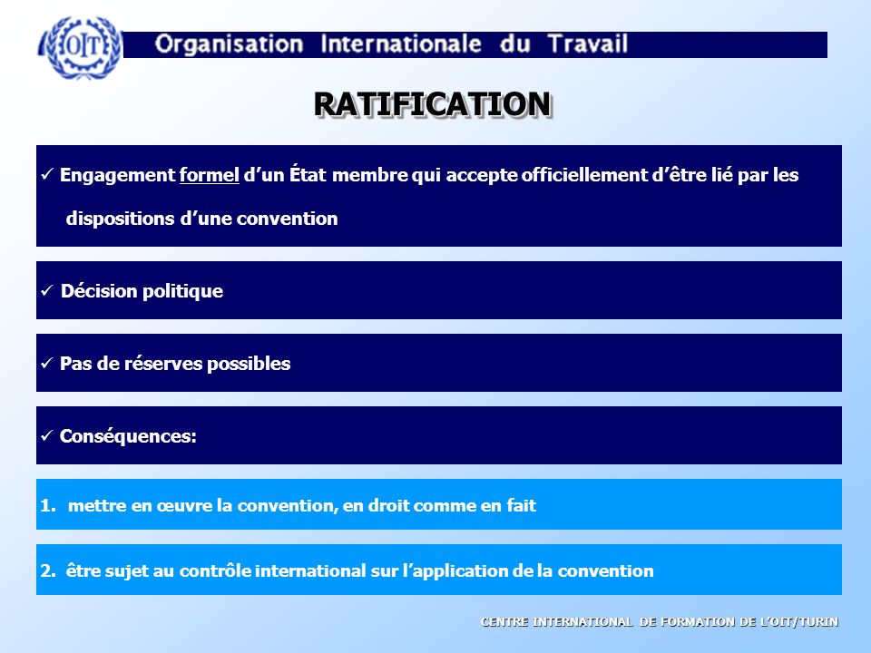 RATIFICATION Engagement formel d’un État membre qui accepte officiellement d’être lié par les. dispositions d’une convention.