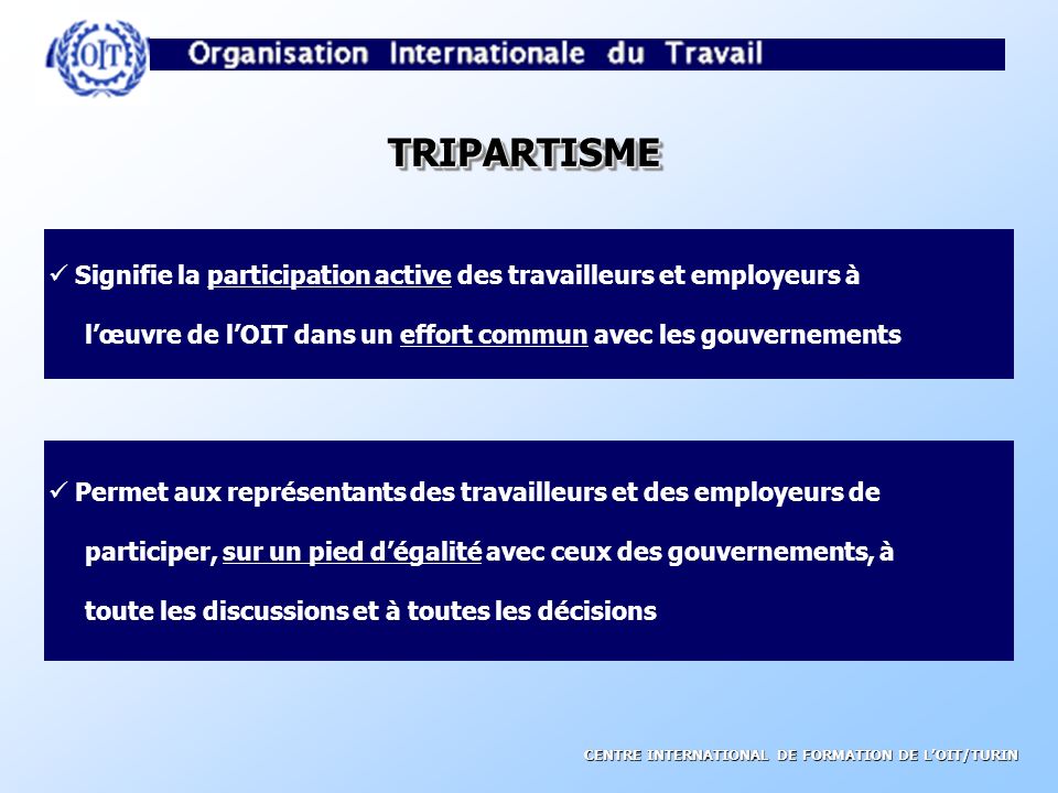 TRIPARTISME Signifie la participation active des travailleurs et employeurs à. l’œuvre de l’OIT dans un effort commun avec les gouvernements.