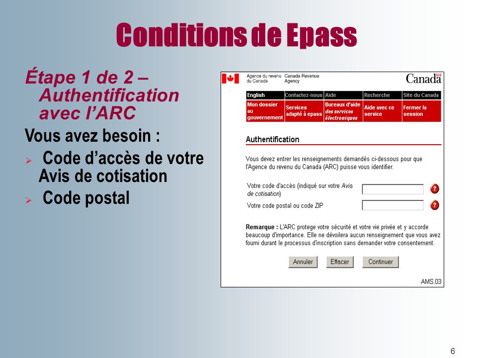 Conditions de Epass Étape 1 de 2 –Authentification avec l’ARC
