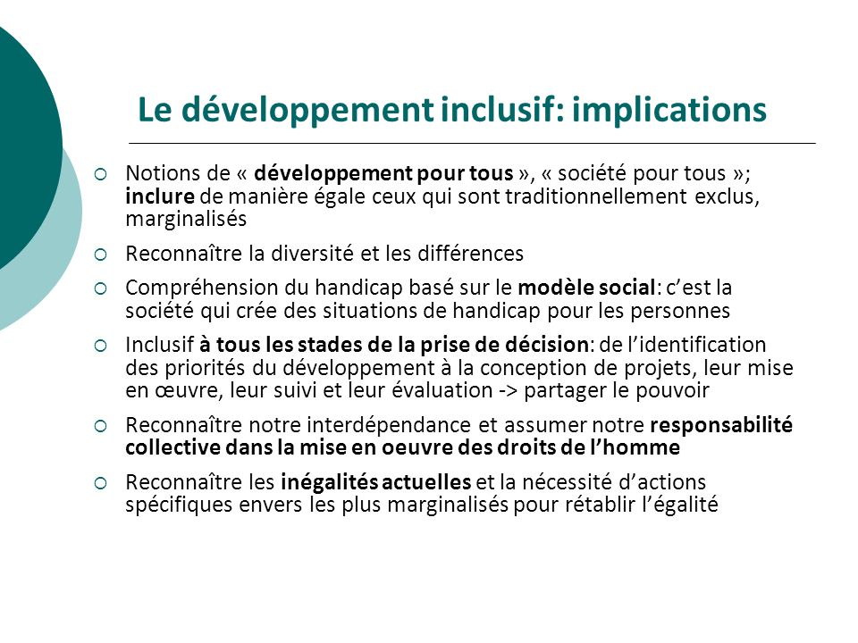Le développement inclusif: implications