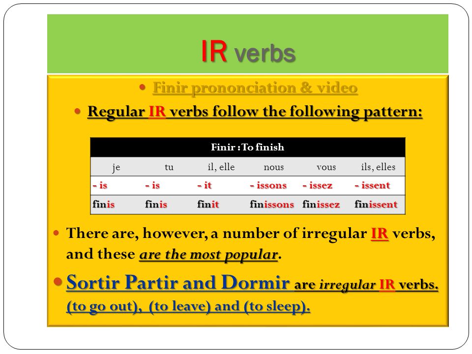 IR verbs Finir prononciation & video. Regular IR verbs follow the following pattern: