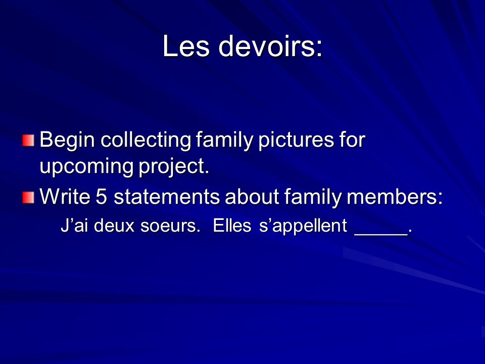 Les devoirs: Begin collecting family pictures for upcoming project.