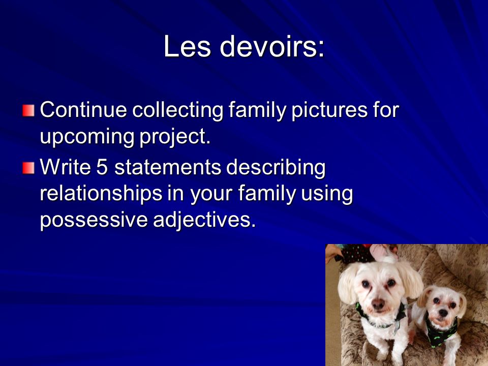 Les devoirs: Continue collecting family pictures for upcoming project.