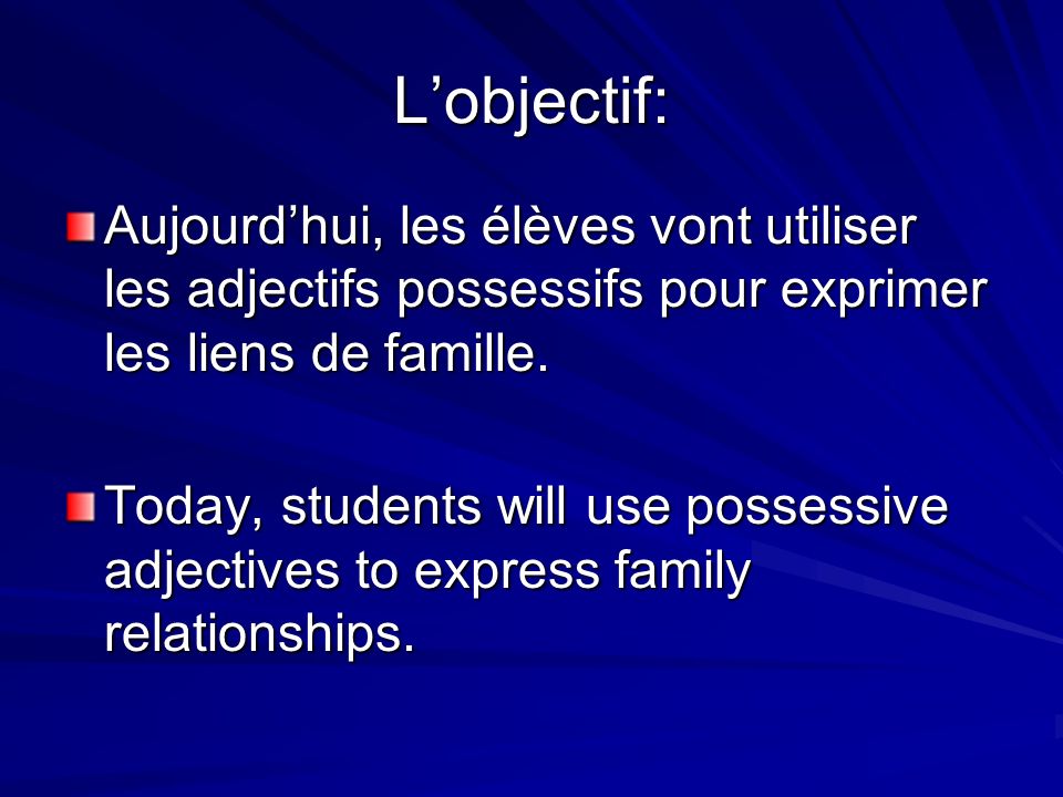 L’objectif: Aujourd’hui, les élèves vont utiliser les adjectifs possessifs pour exprimer les liens de famille.