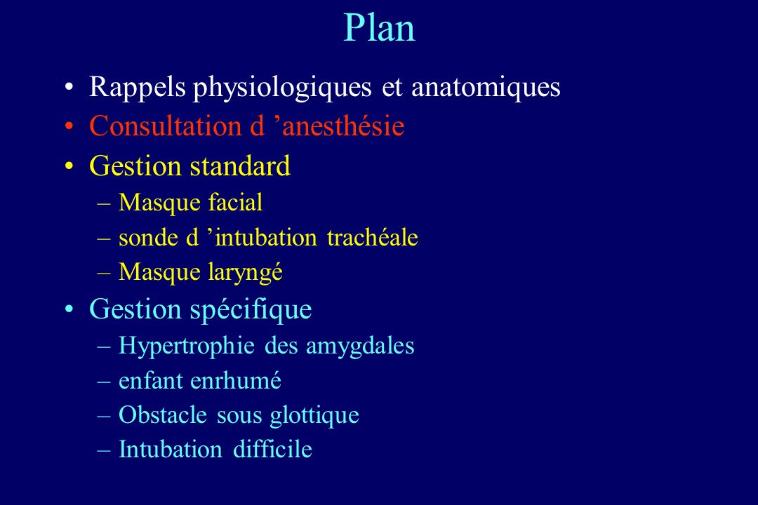 Plan Rappels physiologiques et anatomiques Consultation d ’anesthésie