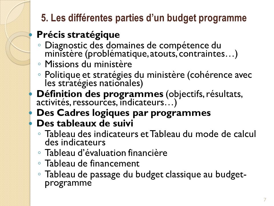5. Les différentes parties d’un budget programme