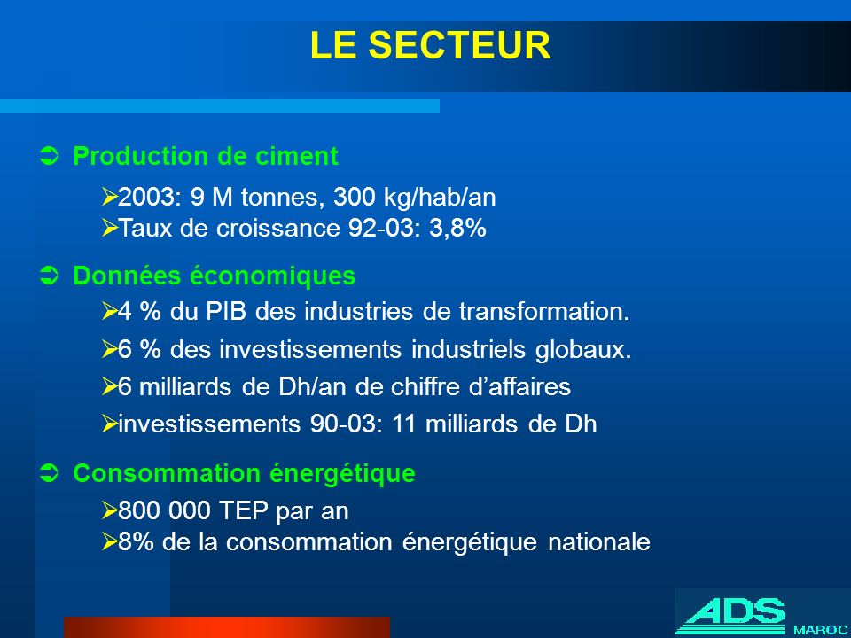 LE SECTEUR Production de ciment 2003: 9 M tonnes, 300 kg/hab/an