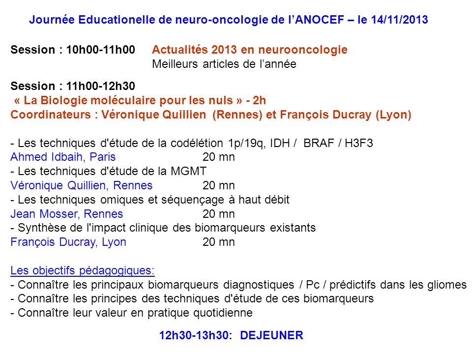 Journée Educationelle de neuro-oncologie de l’ANOCEF – le 14/11/2013