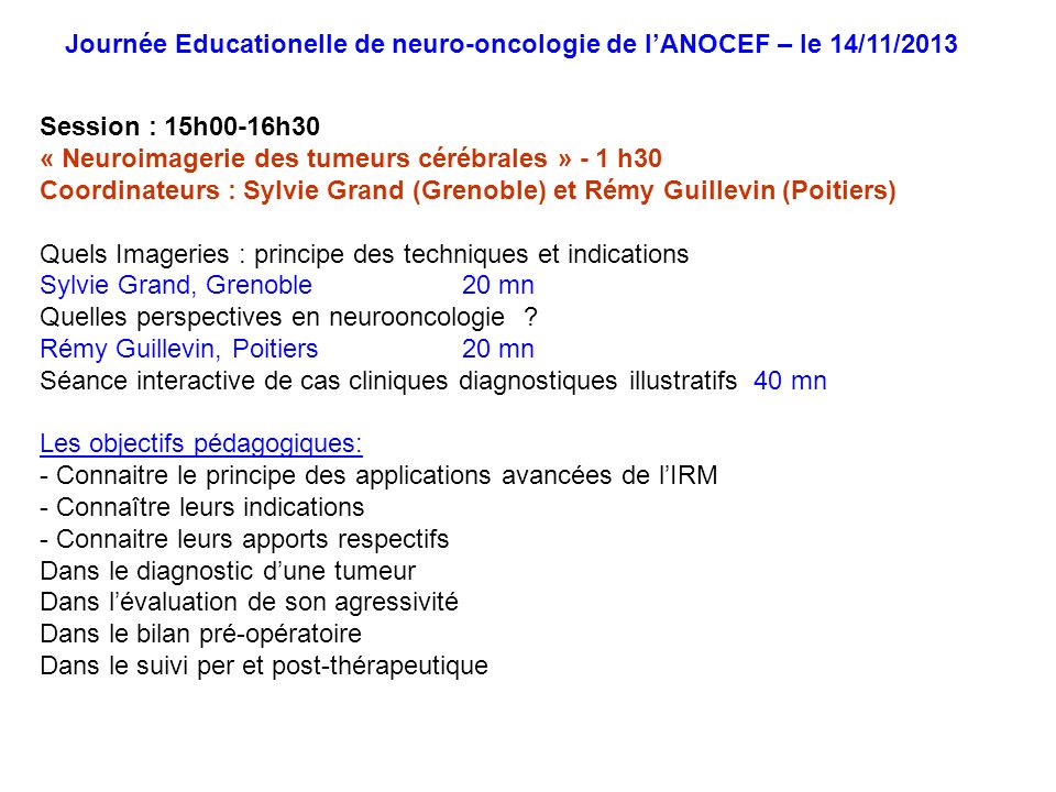 Journée Educationelle de neuro-oncologie de l’ANOCEF – le 14/11/2013