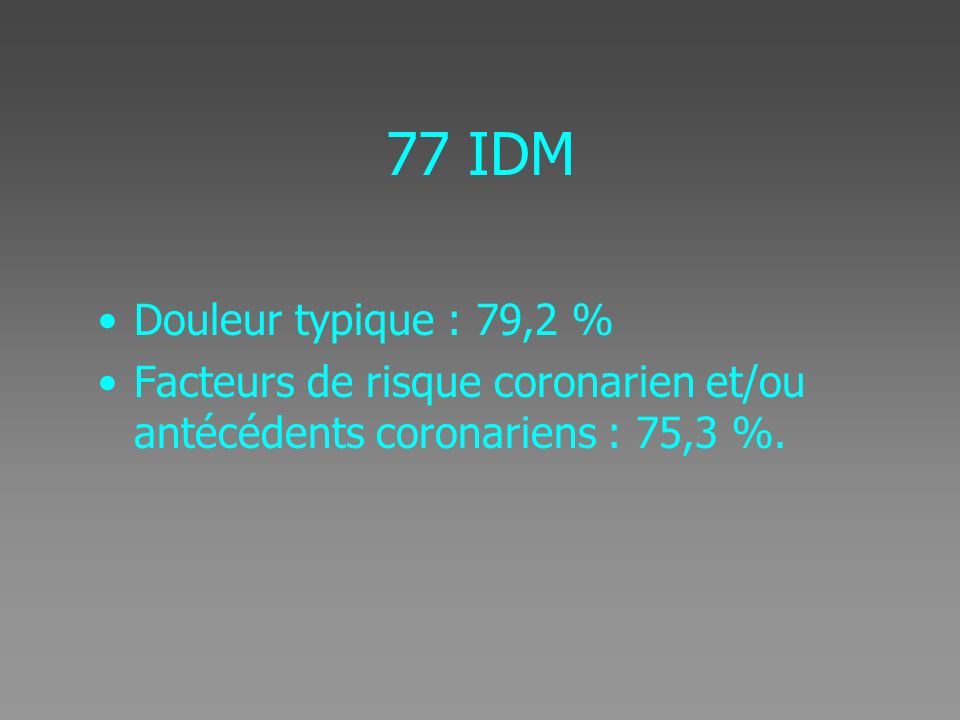 77 IDM Douleur typique : 79,2 % Facteurs de risque coronarien et/ou antécédents coronariens : 75,3 %.