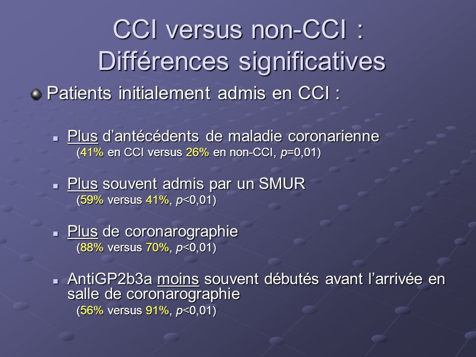 CCI versus non-CCI : Différences significatives