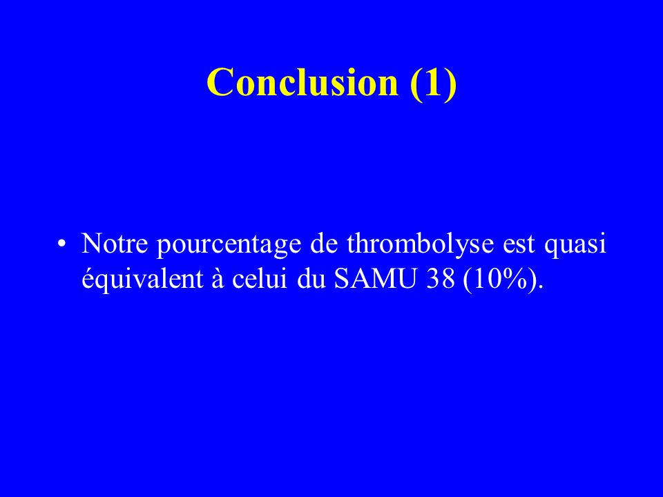 Conclusion (1) Notre pourcentage de thrombolyse est quasi équivalent à celui du SAMU 38 (10%).