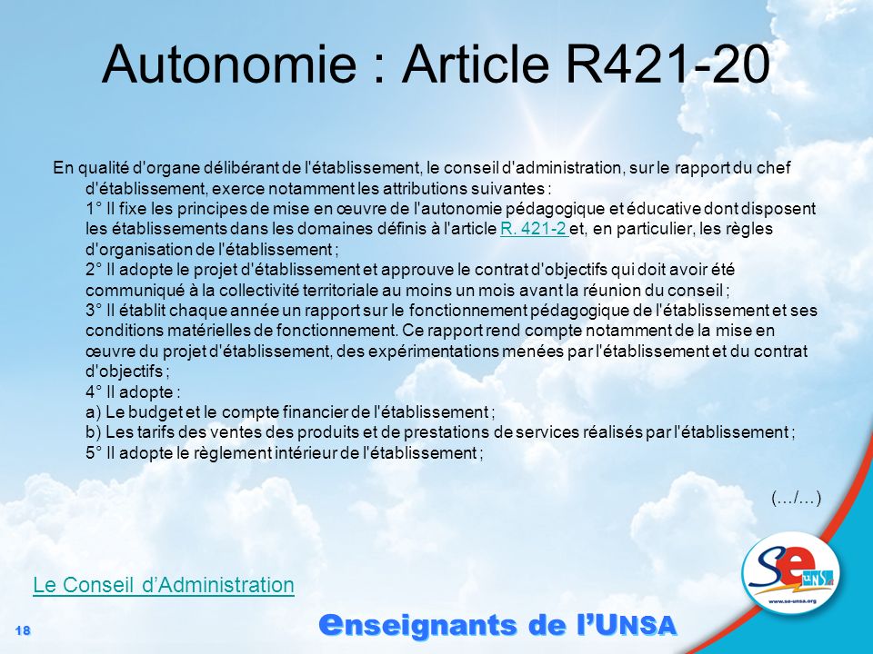 Autonomie : Article R Le Conseil d’Administration