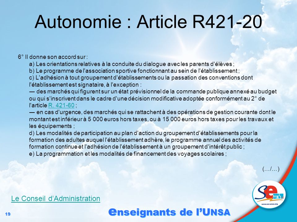 Autonomie : Article R Le Conseil d’Administration