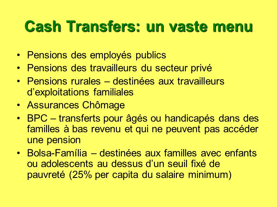 Cash Transfers: un vaste menu
