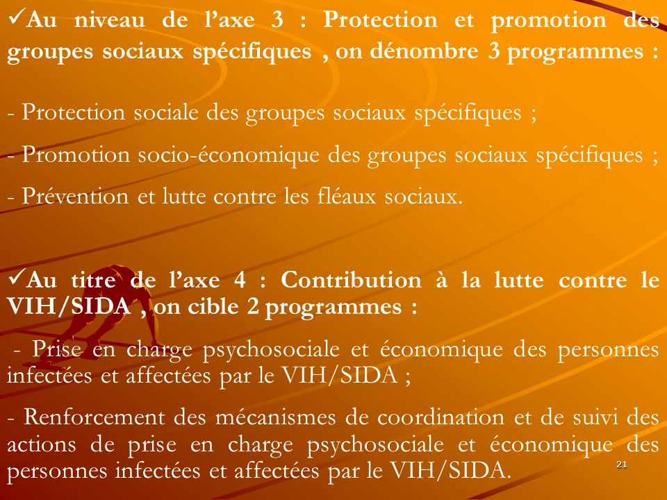 Au niveau de l’axe 3 : Protection et promotion des groupes sociaux spécifiques , on dénombre 3 programmes :