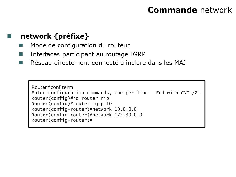 Commande network network {préfixe} Mode de configuration du routeur