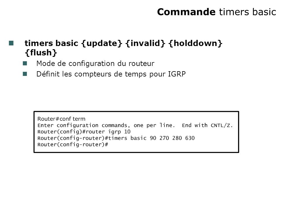 Commande timers basic timers basic {update} {invalid} {holddown} {flush} Mode de configuration du routeur.