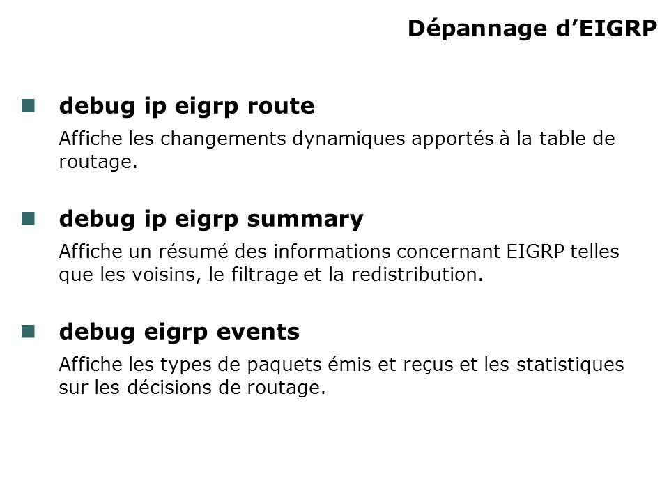 Dépannage d’EIGRP debug ip eigrp route. Affiche les changements dynamiques apportés à la table de routage.