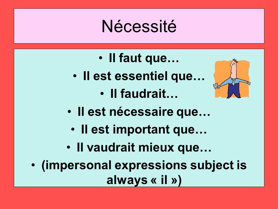 (impersonal expressions subject is always « il »)