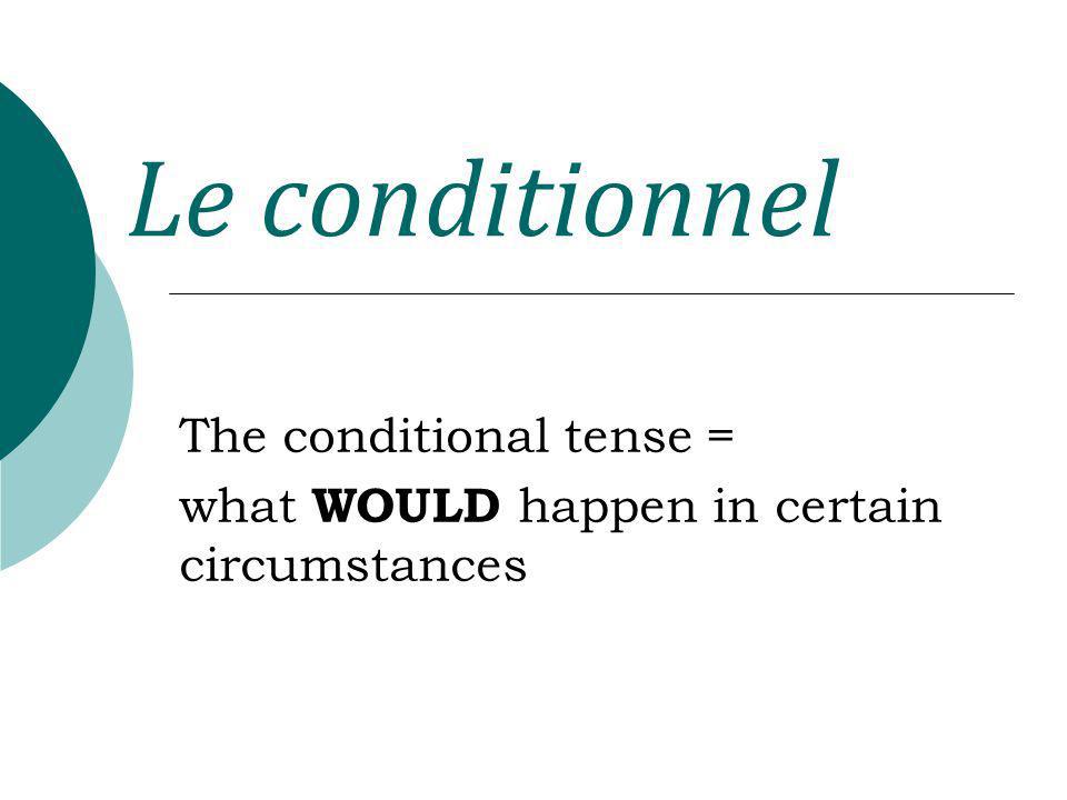 The conditional tense = what WOULD happen in certain circumstances