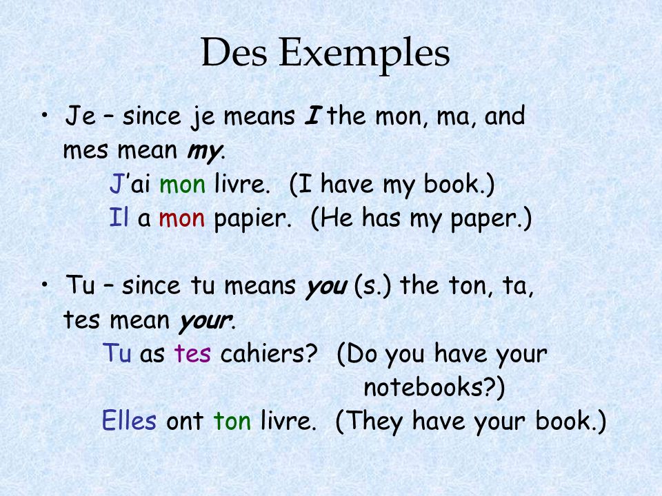 Des Exemples Je – since je means I the mon, ma, and mes mean my.