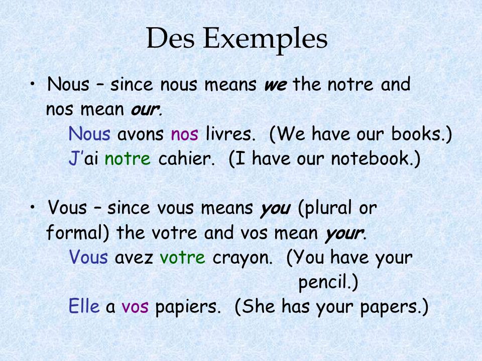 Des Exemples Nous – since nous means we the notre and nos mean our.
