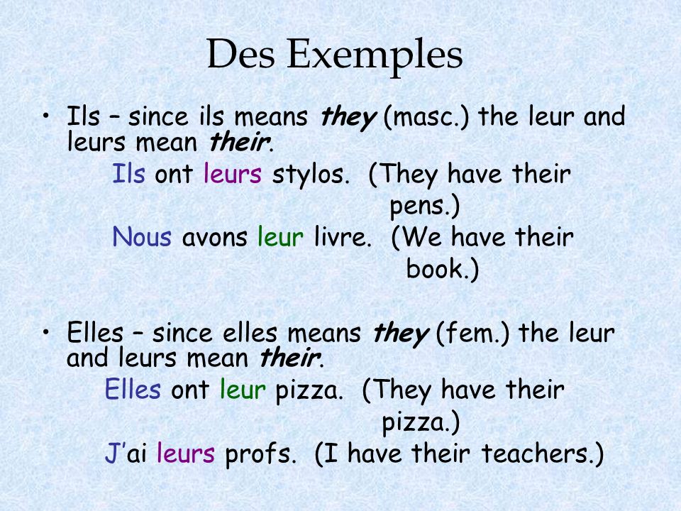 Des Exemples Ils – since ils means they (masc.) the leur and leurs mean their. Ils ont leurs stylos. (They have their.