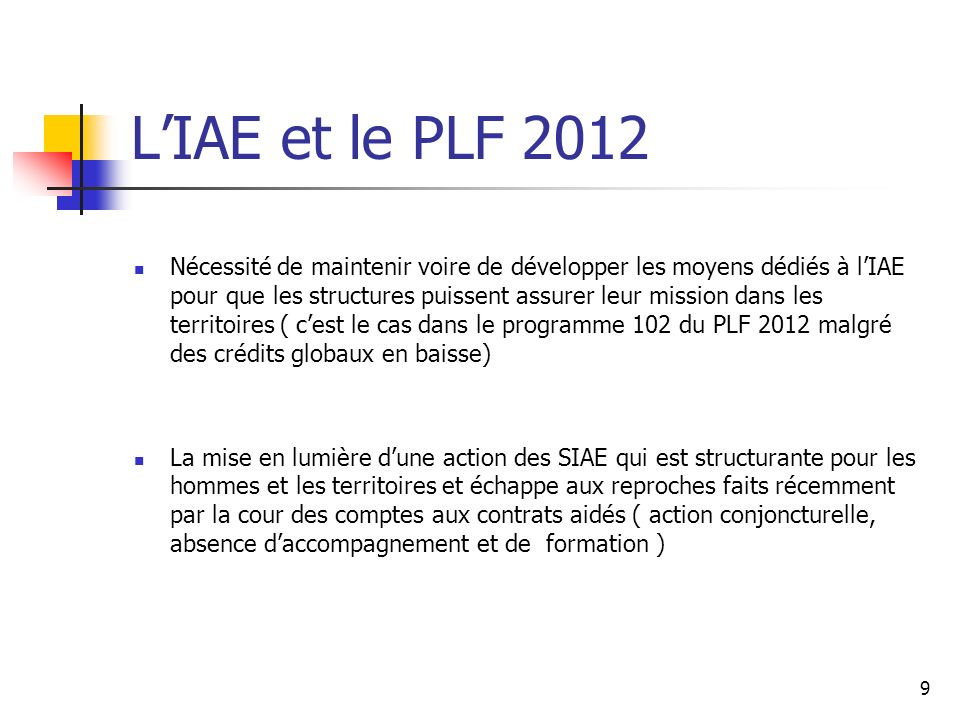 L’IAE et le PLF 2012