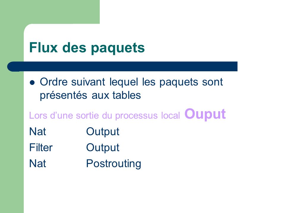 Flux des paquets Ordre suivant lequel les paquets sont présentés aux tables. Lors d’une sortie du processus local Ouput.