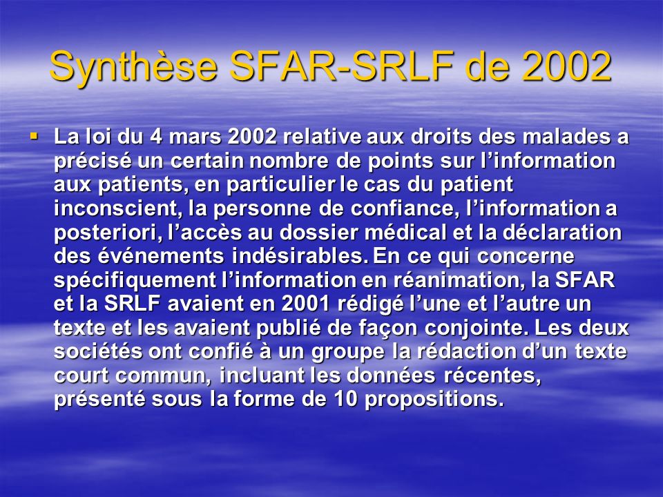 Synthèse SFAR-SRLF de 2002