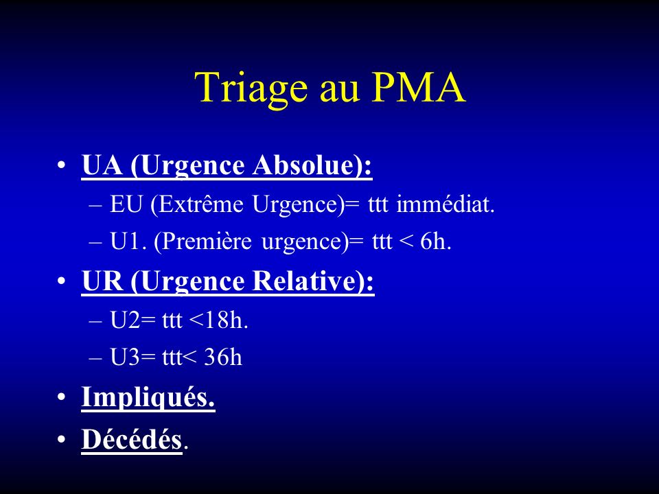 Triage au PMA UA (Urgence Absolue): UR (Urgence Relative): Impliqués.