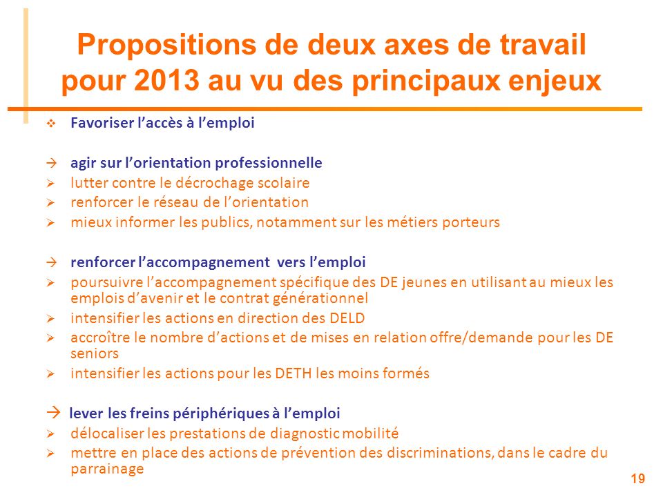 Propositions de deux axes de travail pour 2013 au vu des principaux enjeux